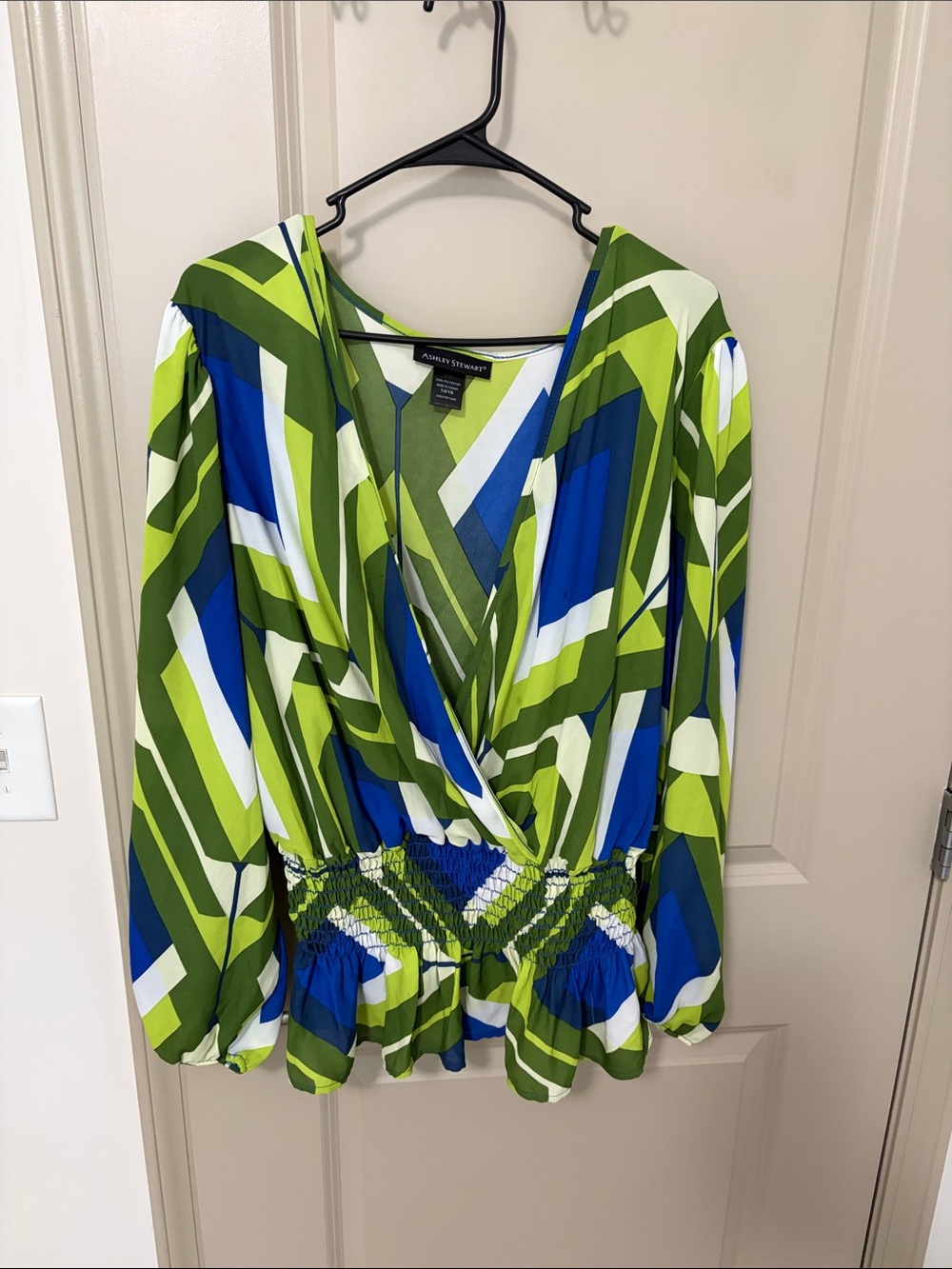 Alfani Green Blue White Geometric Surplice Peplum Blouse